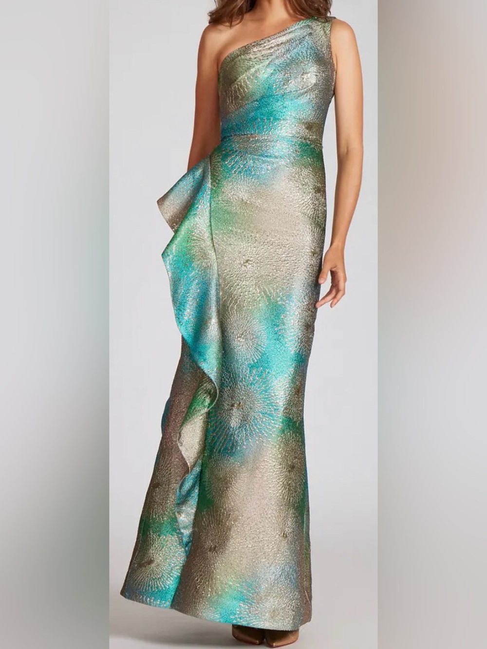 Rickie Freeman Teri Jon One-Shoulder Teal and Gold Evening Gown size 14